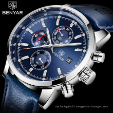 BENYAR 5102M Men Watch Chronograph Wristwatches Blue Fashion Design Sports Quartz Watches Leather Relogio Masculino